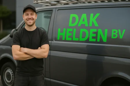 Glimlachende man voor bestelwagen Dakhelden BV