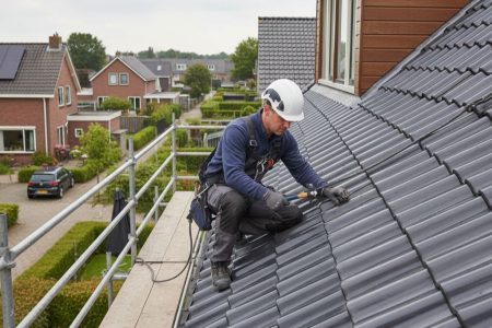 Dakwerker repareert dak van huis met gereedschap